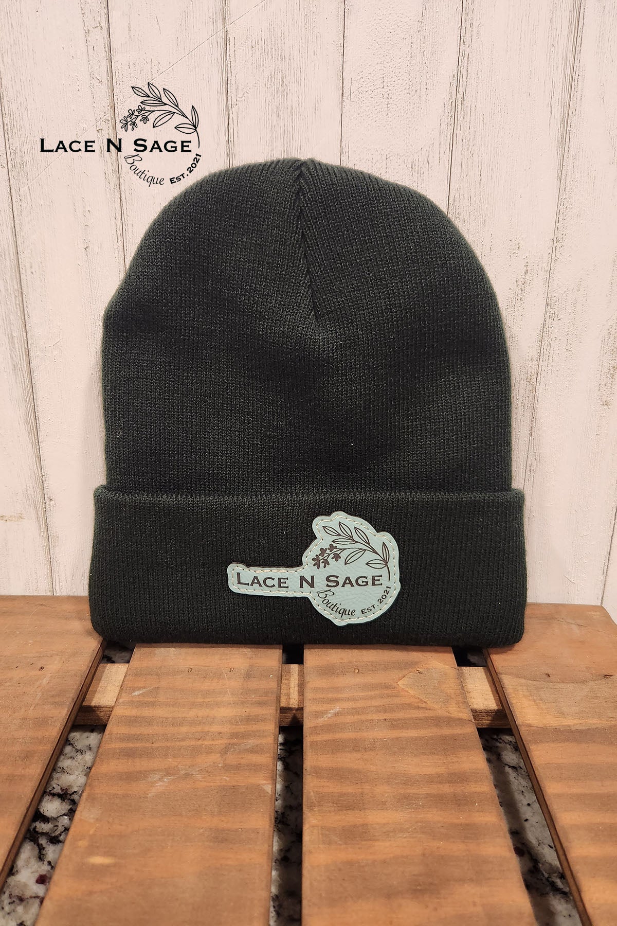 LACE N SAGE COLORED LEATHER PATCH BEANIE