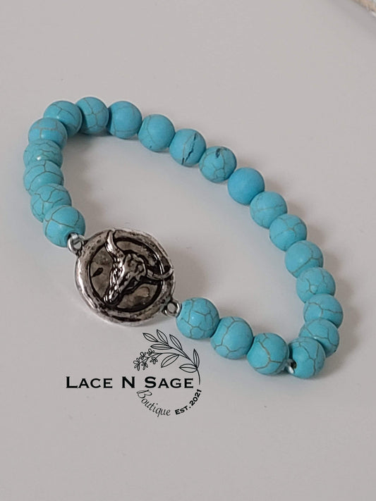 TURQUOISE STEER SKULL STRETCH BRACELET