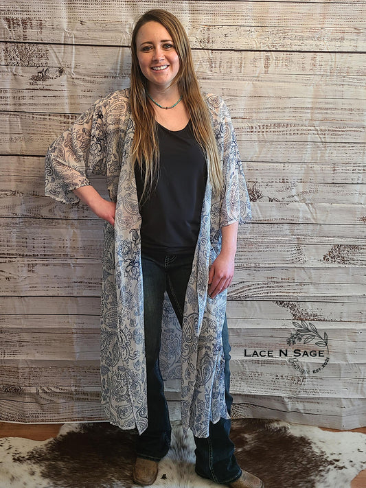 LIGHT WEIGHT NAVY BLUE AND WHITE PAISLEY DUSTER