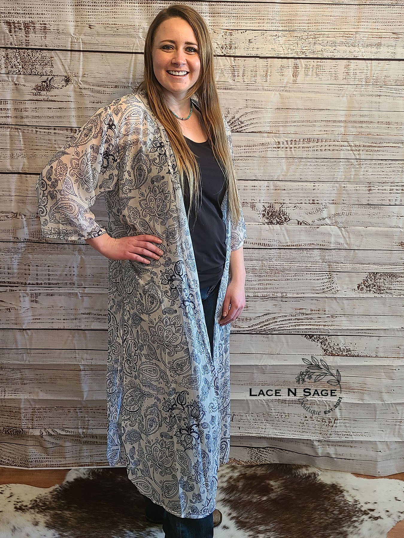 LIGHT WEIGHT NAVY BLUE AND WHITE PAISLEY DUSTER